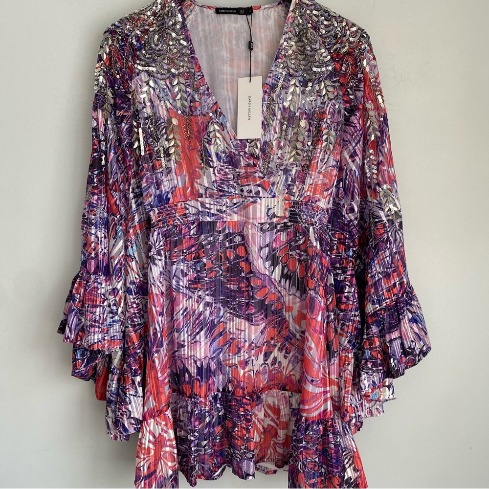 NEW Karen Millen Beaded Embellished Drama Kimono Woven Dress Size 10 Pink Purple - Picture 3 of 15